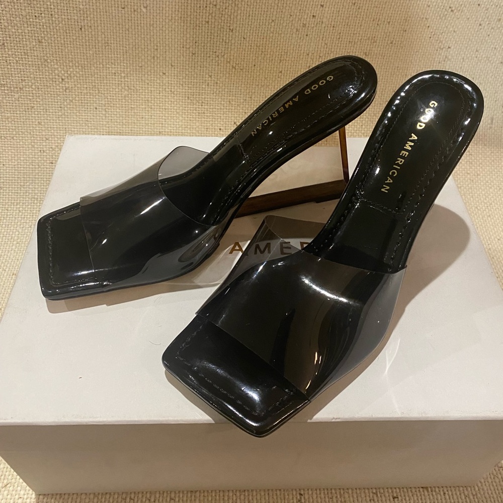 Good American Clear Black Wedge Mule Sandal